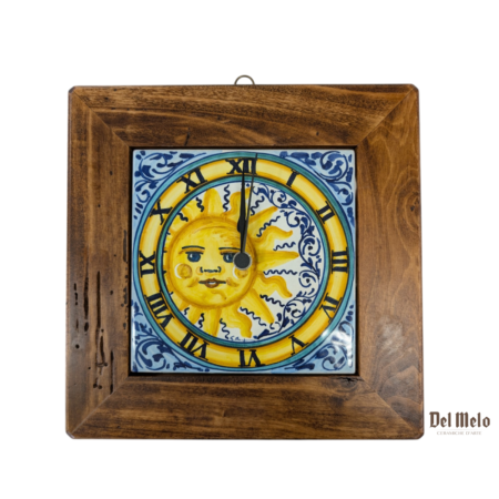 Orologio da parete in Ceramica di Castelli con cornice in legno decoro Sole