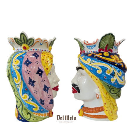 Coppia testa Mori in Ceramica Siciliana di Caltagirone h 38 cm.